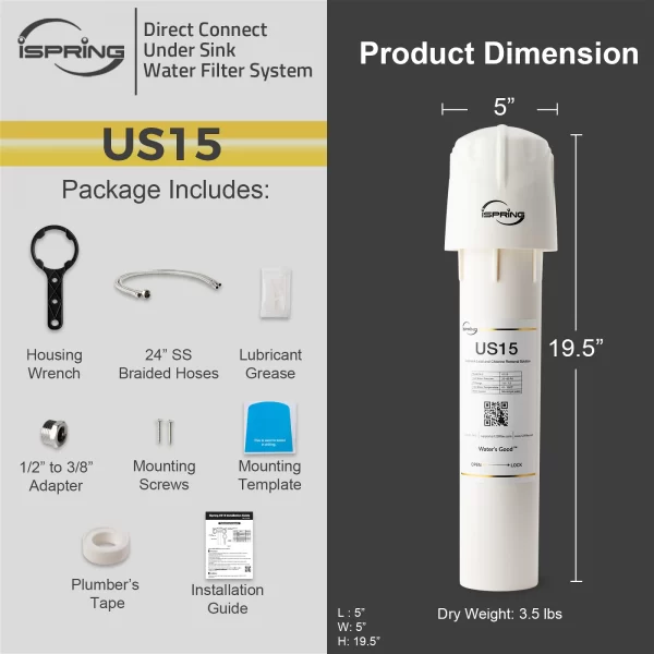 3 iSpring US15L Leak-Free Direct Connect Under-sink Water Filter System, 15k Gallons Capacity