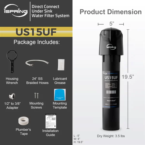 iSpring US15UF 0.01μm Ultra Filtration Direct Connect Under Sink Water Filter System