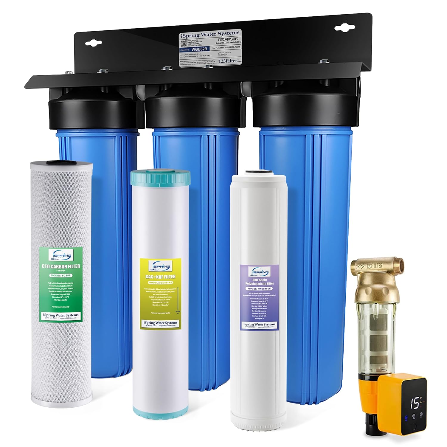 iSpring WGB32B-KDS+WSP50ARB Whole House Water Filter System w/Auto-Flushing Spin Down Filter
