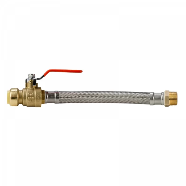 LittleWell AHPF12MNPT12 12" Braided Hose Connector, Ball Valve, 3/4" Push-Fit x 3/4" MNPT